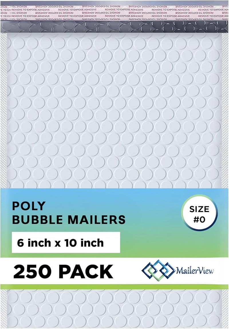 MAILERVIEW White Small Poly Bubble Mailers 6x10 inch #0 | Self Seal Padded Envelopes | Cushioned Bubble Mailer | Usable Size 6x9 | WaterProof | Lightweight mailing Shipping Bags | 250 Pack Bulk | Made in USA - Image 1